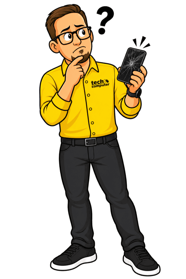 Comicfigur von tech computer mit einem defekten Smartphone