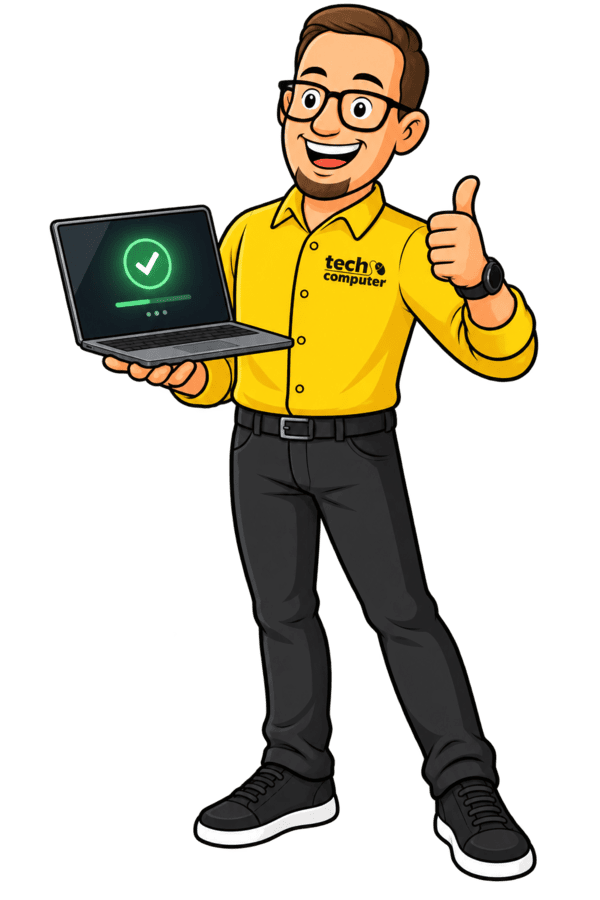 Comicfigur von tech computer mit einem Laptop, auf dem alles laeuft
